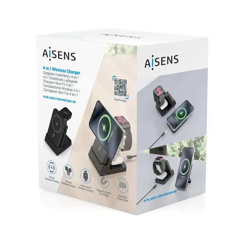 Carregador Wireless Aisens 4-em-1 15W c/ Powerbank Preto